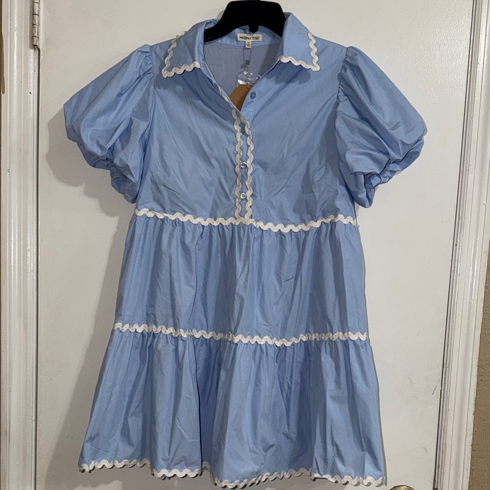 Main Strip Blue Dress with White Trim